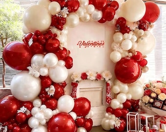 Red White Balloon Garland Dark Red Double Stuffed Balloons Arch Kit Set For Birthday Wedding Valentine Engagement Anniversary Bridal