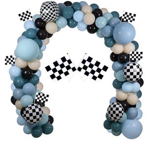 Race Balloon Garland Arch Kit, Dusty Blue Black Balloons with Checkered Balloons for Race Theme Birthday Party Decorations Baby Shower Party