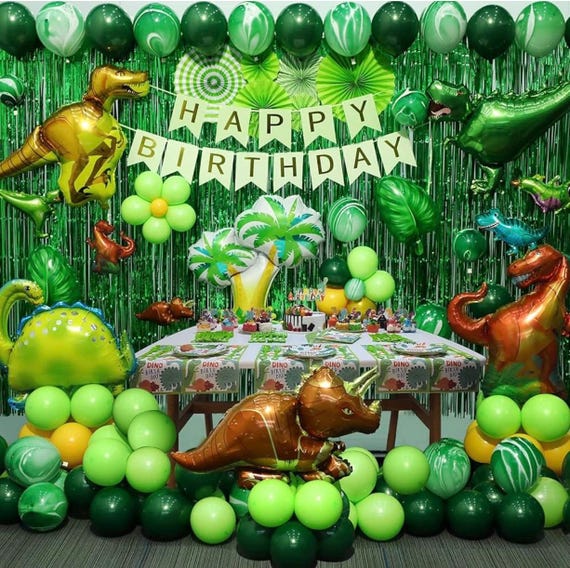 DECORLIFE Lot Complet De 169 Pièces Pour Fête D'anniversaire Dinosaure Comprenant Des Assiettes, Des Nappes, Des Serviettes, Des Tasses, Des Couverts