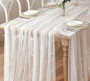 Chemin De Table En Tulle Blanc Avec Perles – 80 X 300 Cm, Décoration Mariage, Anniversaire, Fête (Voile Romantique)