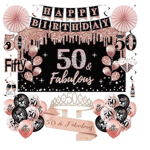 50th Birthday Decorations for Women,33pcs 50th Birthday Crown and Sash, Black Rose Gold Happy 50th Birthday Banner Balloons Backdrop Hanging