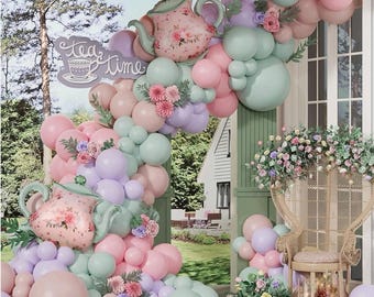 Grün und Rosa Ballon-Girlande 134 Stück Dusty Grün Rosa und Lila Luftballons Arch Kit mit Teekanne Folienballon für Tee-Party Lets Partea