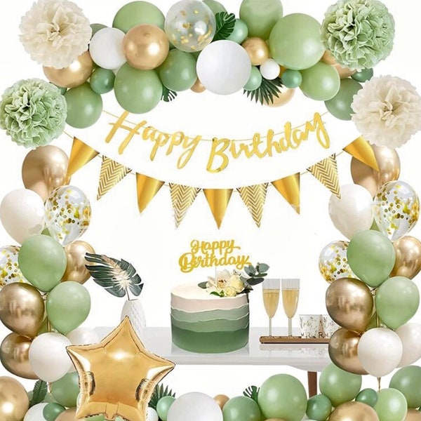 Sage Green Birthday Balloons Arch Kit Party Decorations with Happy Birthday Banner Pompoms Garland Flag Star  Balloons 57pcs