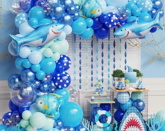 Unter dem Meer Partydekorationen 156 Stück Blau Grün Hai Ballon Bogen Girlanden Kit mit Shark Clownfisch Ballons für Shark Week Ocean Tiere