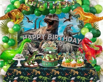 Dinosaur Birthday Party Decorations Kit for Boys - Dino Party Supplies with Tablecloth, Banner, Backdrop, Cake Topper, Balloons & Stickers