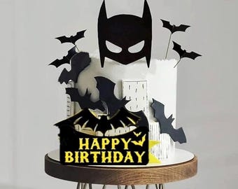 Adorno para tarta de cumpleaños de superhéroe con diseño de murciélago. Decoraciones para tarta de feliz cumpleaños para fiestas de cumpleaños con temática de héroes. Decoración de cumpleaños de murciélago.