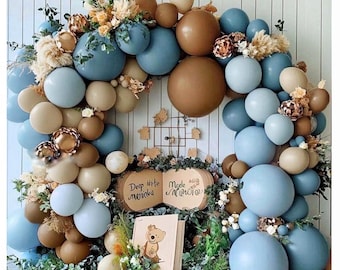 Kit de arco de balões azul-marrom - Balão de látex com enchimento duplo azul-poeira, marrom-escuro, areia branca, guirlanda de balões neutros azul-pastel, café e creme