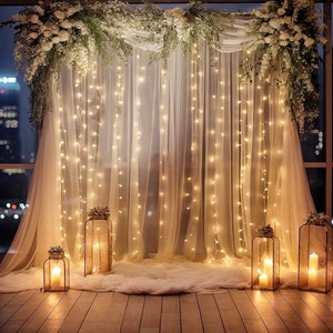 White Sheer Tulle Backdrop Curtain With Lights String- Wedding Backdrop ...