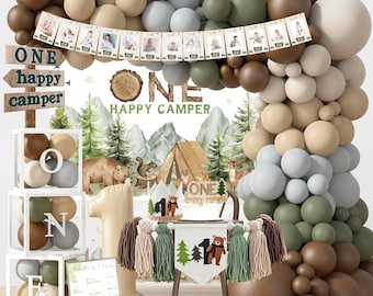 One Happy Camper Birthday Decorations, Camping 1st Birthday Party Supplies with Balloon Arch Balloon Box Backdrop High Chair Banner Crown