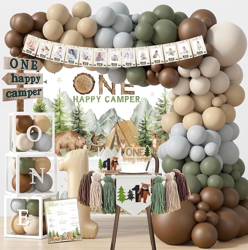 One Happy Camper Birthday Decorations, Camping 1st Birthday Party Supplies with Balloon Arch Balloon Box Backdrop High Chair Banner Crown image 1