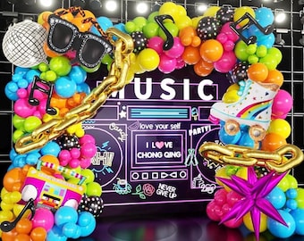 90s 80s Disco Theme Party Decorations, 171Pcs Balloon Arch Kit with Retro Disco Ball Radio Glasses Roller Skate Musical Note Chain Star