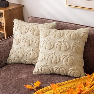 Beige Pumpkin Fall Decorative Throw Pillow Covers 18&quot;x18&quot;,Set of 2 Soft Faux Fur Pillow Covers for Autumn Harvest,Fluffy Plush Accent Pillow