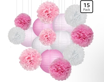 15stk Party Pack Papierlaternen und Pom Pom Bälle Hängedekoration für Hochzeit Geburtstag Baby Shower-Pink / Weiß
