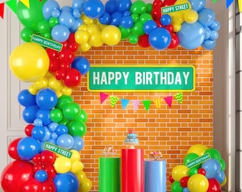 Ensemble d'accessoires de fête d'anniversaire pour amis sésame comprenant une toile de fond de bannière, un kit d'arcs de guirlande de ballons rouge bleu pour garçons et filles
