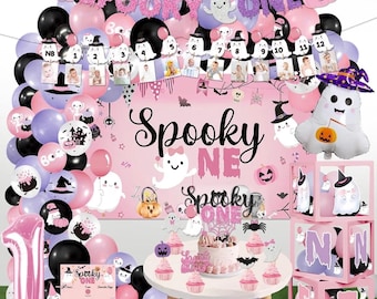 Spooky One Girl Birthday Decorations, Halloween 1st Birthday Party Pack with Banner Backdrop Balloons, Pink & Spooky Theme