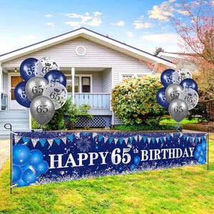 Navy Blue Silver Happy 65th Birthday Yard Banner, Blue 65th Birthday Balloons for Anniversary Party Decorations