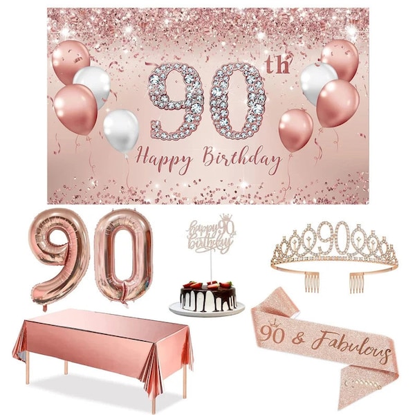 Rose Gold 90 Birthday Banner and Tablecloth, 90 & Fabulous Sash and Tiara, 1PC Happy 90th Birthday Cake Topper