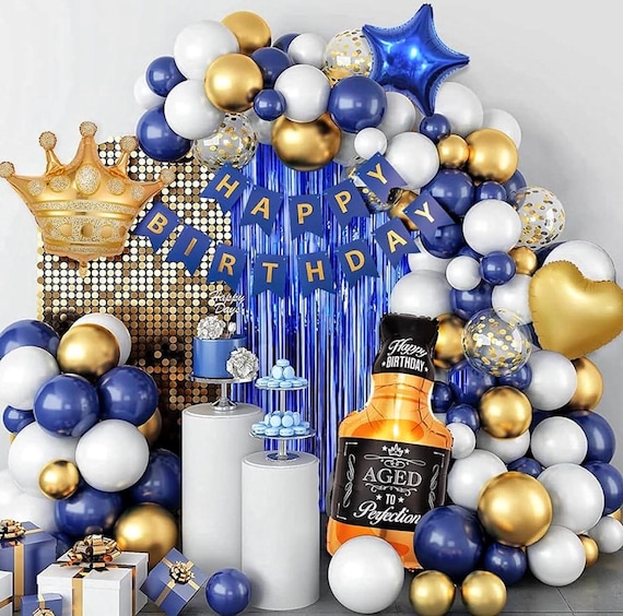 Decorazioni Compleanno Blu - Kit Completo Con Palloncini Metallizzati, Pastello, Navy, Bianchi, Tendina Frange E Striscione Per Festa 1° 15° 16° 18° 21° 25° Anniversario - 2