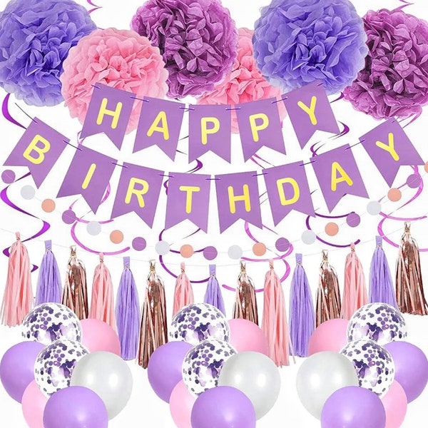 Purple Pink Birthday Party Decorations with Happy Birthday Banner Hanging Swirls Tissue Paper Pompoms Circle Dots Garland Tassel Balloons