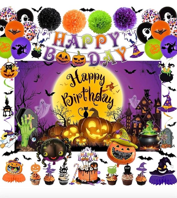 Pink & Green Witch Birthday Banner With Hanging Swirls - Witch Theme Party Decorations Set