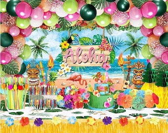 161 décorations de fête hawaïennes Luau, fournitures de fête d'été tropicale sur la plage, y compris toile de fond Aloha, jupe de table, nappe, fête flamant rose