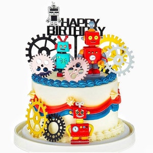 11 Pcs Robot Cake Toppers for Boys Robot Birthday Cake Topper Gear Happy Birthday Robot Cake Cupcake Decorations for Robot Birthday Party