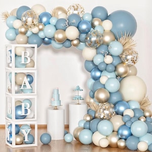 153 piezas de globos azul polvoriento para baby shower de niño con cajas para bebé, kit de arco de globos azules con letras (A-Z + Bebé)