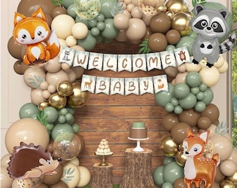 167-delige bosdieren babyshowerversieringen, bosballonslinger boogset met welkomstbabybanner salie groen bruin neutraal bos
