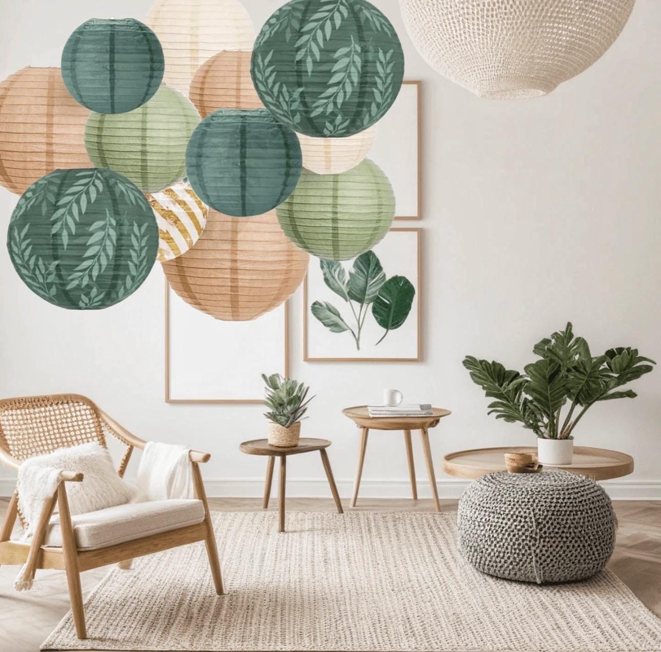 Set Decorazioni Per Feste Verde Salvia E Oro - 19 Pezzi Tra Pompon, Lanterne E Ventagli Di Carta - 5