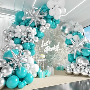 Teal Silver White Balloon Garland Arch Kit ,White Metallic Silver Teal Balloons 125pcs for Wedding Engagement Anniversary Bridal Baby Shower