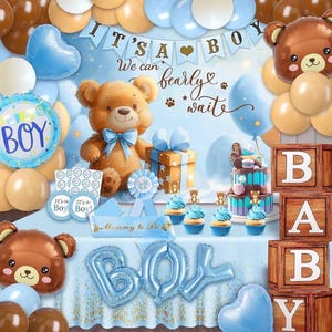 Decoración para baby shower de oso, 80 globos, bloques de madera con la letra "No podemos esperar", fondo, pancarta y globo de oso azul y marrón.