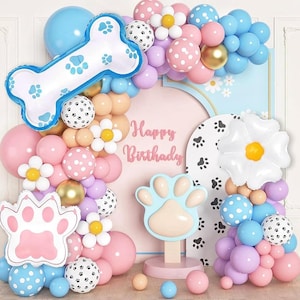 176Pcs Blue Balloons Arch Garland Kit,Blue Birthday Decorations Girl with Dog Paw Bone Daisy flower Pink Blue Purple Blush Balloons for Girl