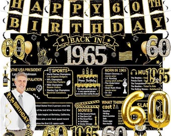 Decoraciones para el 60 cumpleaños de un hombre, artículos de fiesta vintage de 1966 en negro y dorado, juego de 21 piezas de pancartas para fondo de cumpleaños de 60 años.