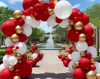 Red White Gold Balloon Arch Double Stuffed Red and White Balloons Matte Ruby Red Balloon Garland Kit Metallic Gold Latex Balloons
