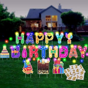 18Pcs Happy Birthday Yard Signs with Stakes 16”Large Size,LED Lights 2 x 5 m and Personalized Signs, Birthday Letters for Yard Lawn Outdoor