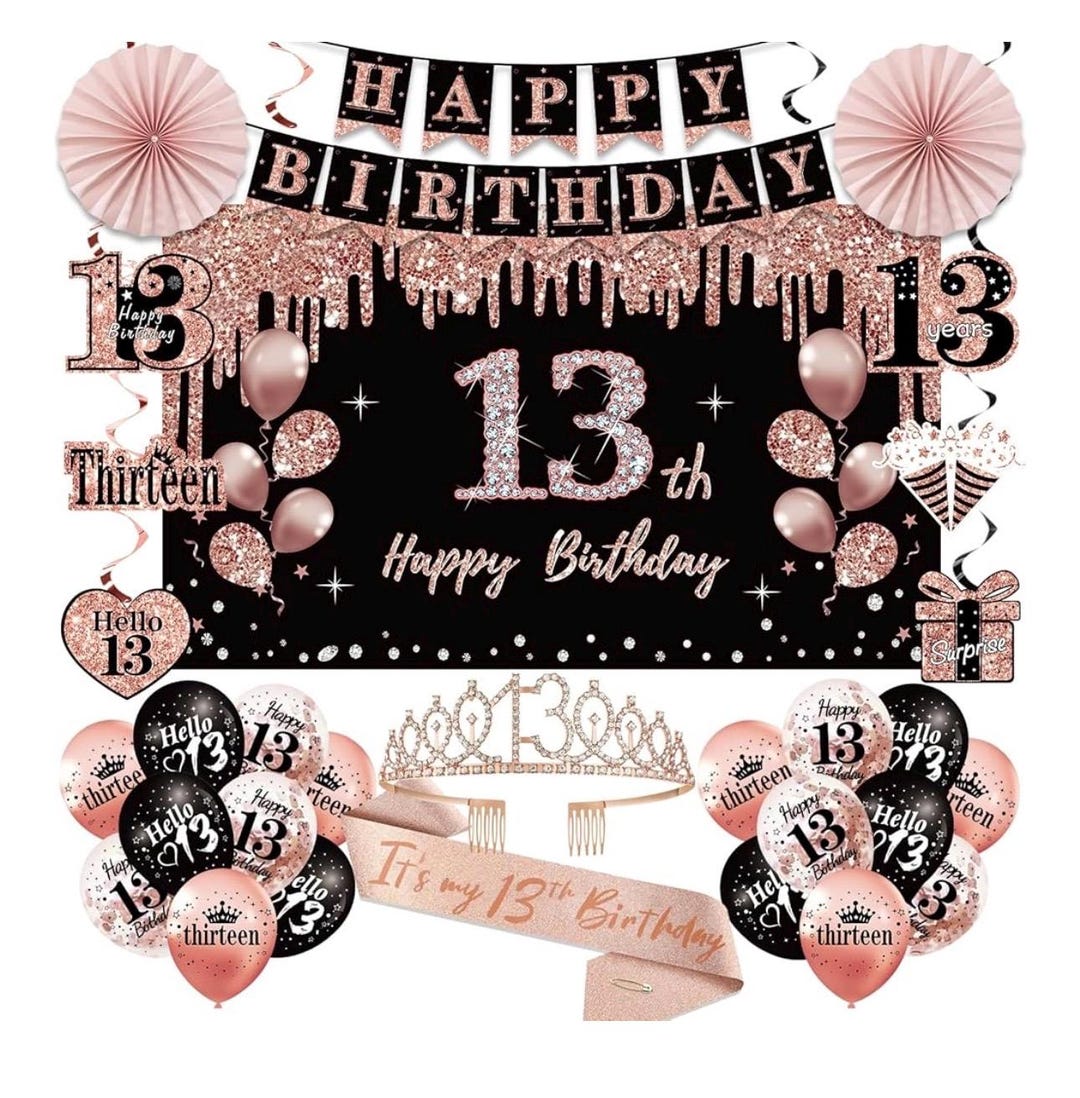 Decoraciones de 13.º cumpleaños para niñas, 33 piezas, corona y banda \, image size:1080x1098