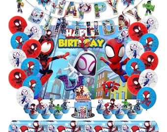 Decoraciones de cumpleaños de Spidey, juego de suministros para fiestas que incluye pancarta, fondo, globos, espirales colgantes, adornos para pasteles y cupcakes, mantel para niño