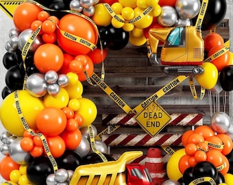 Construction Birthday Party Balloons with Digger Balloons, Cement  Truck Balloons Construction Background Garland Arch Kit with Tablecloth