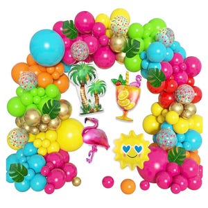 Tropical Balloons Arch Garland Kit, Luau Flamingo Summer Beach Party Decorations Hot Pink Green Orange Blue Balloons Palm Leaves for Hawaiia