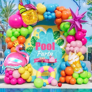 Hawaiian Balloon Arch Kit - Tropical Party Decor with 151 Latex Balloons, 4 Foil Balloons Starburst, Flamingo, Pineapple, Mango ,Luau Themed