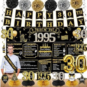30th Birthday Decorations for Men Women, Back in 1995 Banner Party Supplies, Black Gold 30 Year Old Birthday Backdrop, Vintage 30 Birthday