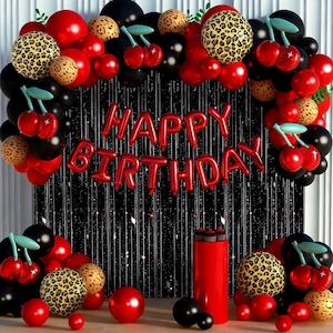 119 stks rode cheetah print verjaardagsdecoratie ballonnen kit, zwarte rode kersen luipaard print ballonnen verjaardag foliebanner voor meisjes vrouwen