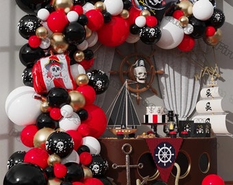 120 st piratballonggirlang-kit, röd svart vit dödskalle metallisk guldballongbåge för piratskeppstema havssegling examen halloween