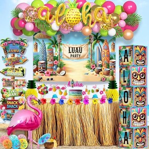 Tropical Luau Balloons Arch Garland Kit Luau Party Decorations with Palm Leaves Flamingo Palm Tree Aloha Foil Balloon Coconut Balloons Set