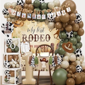 Decoraciones de cumpleaños de vaquero del oeste, artículos para fiesta de cumpleaños "Mi primer rodeo", arco de globos de vaquero, pancarta para silla alta, cajas ONE