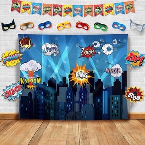 Superheroes Theme Party Photography Backdrop with Prop, Flag & Mask. Super Hero Cityscape Photo Booth Background for Kids Party, Birthday