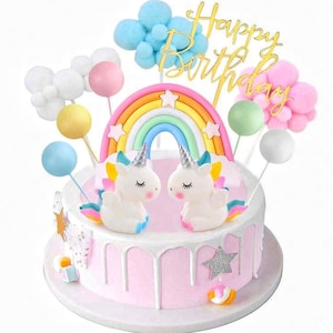 Unicorn Cake Topper, Unicorn Rainbow Cake Decorations with Rainbow Stars Unicorn Balls Happy Birthday Cake Decorations 12Pcs