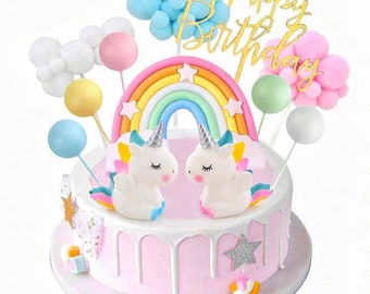 Adorno para pastel de unicornio Adornos para pastel de unicornio arcoíris Nubes arcoíris coloridas Adorno para pastel de cumpleaños para decoraciones de pastel de feliz cumpleaños Fiesta