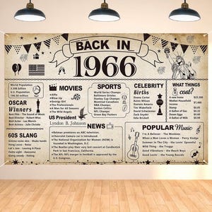 May include: A rectangular beige poster titled Back in 1966 featuring black text and illustrations. It displays historical facts about movies, sports, celebrity births, costs, news, and music from 1966, including an American flag and Statue of Liberty.