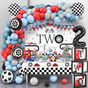 Two Fast Birthday Decorations Race Car Party Supplies for 2 Year Old Boy Racing Balloon Garland Arch Kit Backdrop 2nd Two Fast Birthday